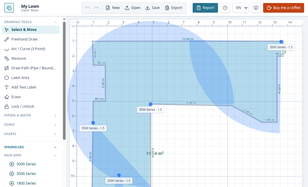 Irrigation Designer interactive canvas showing scaled garden layout, sprinkler radius arcs, and toolbar controls